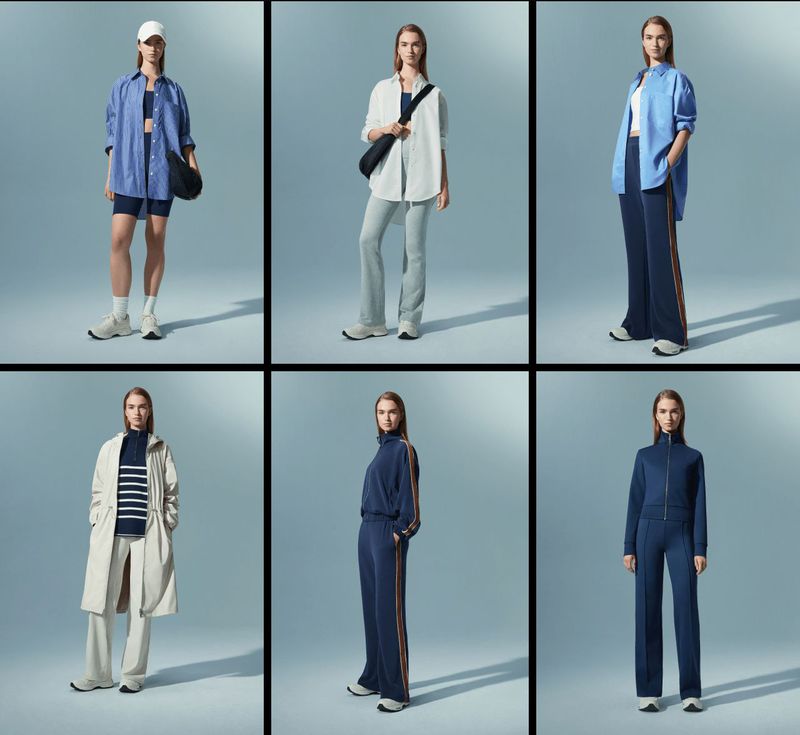 Fashion layout features a woman in multiple casual outfits: shirts, tops, pants, shorts, bags, and sneakers against a light blue backdrop.