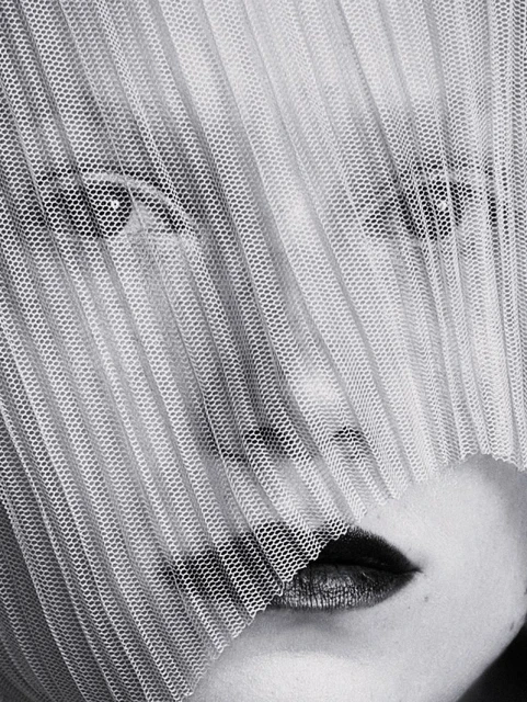 Close-up portrait of a woman's face partially veiled by a textured, semi-transparent fabric, featuring dark lipstick and visible eyes.