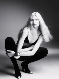 Monochrome studio portrait of a blonde woman crouching in black tights, a bra top, and high heels with a metallic cuff bracelet.