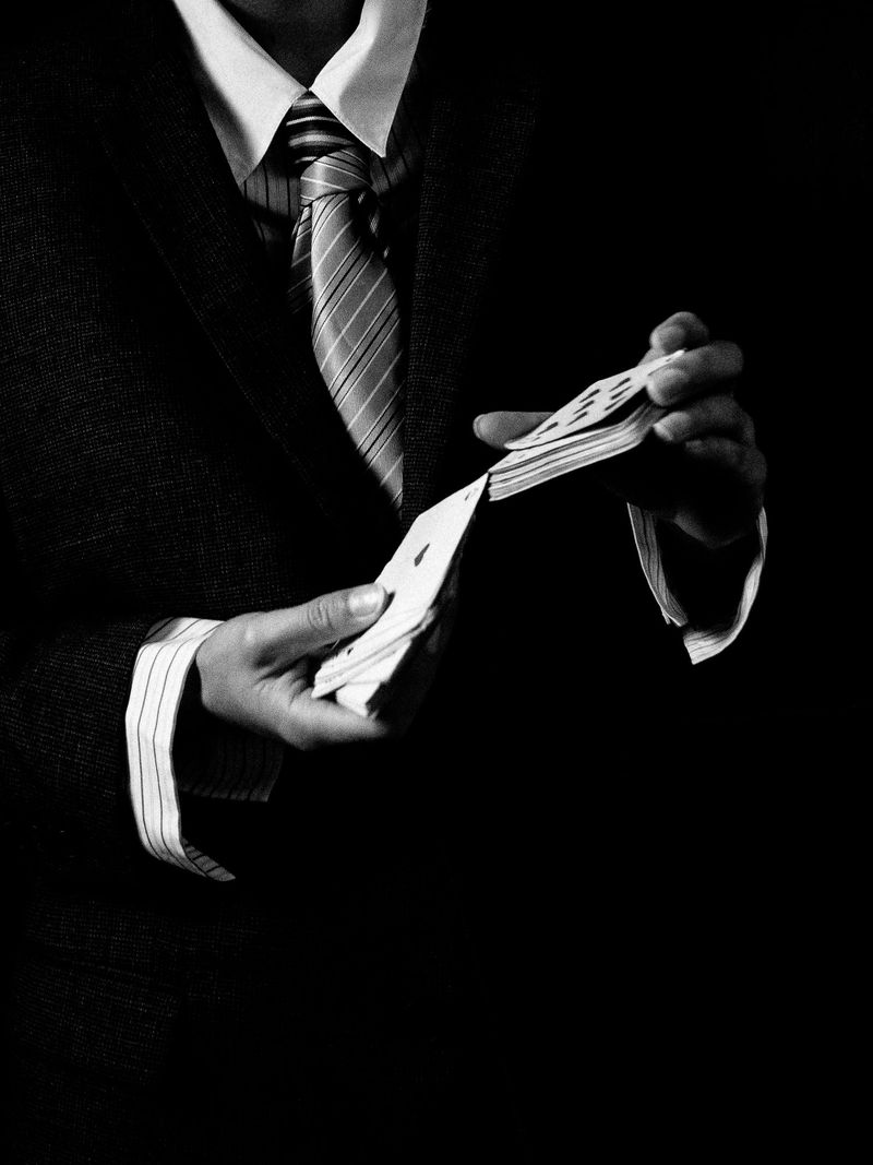 Black and white photograph of a man in a suit shuffling a deck of playing cards, hands visible, against a dark background.