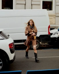 Woman walking across a city street wearing a brown pleated skirt suit, black cowboy boots, and holding a small tan handbag.