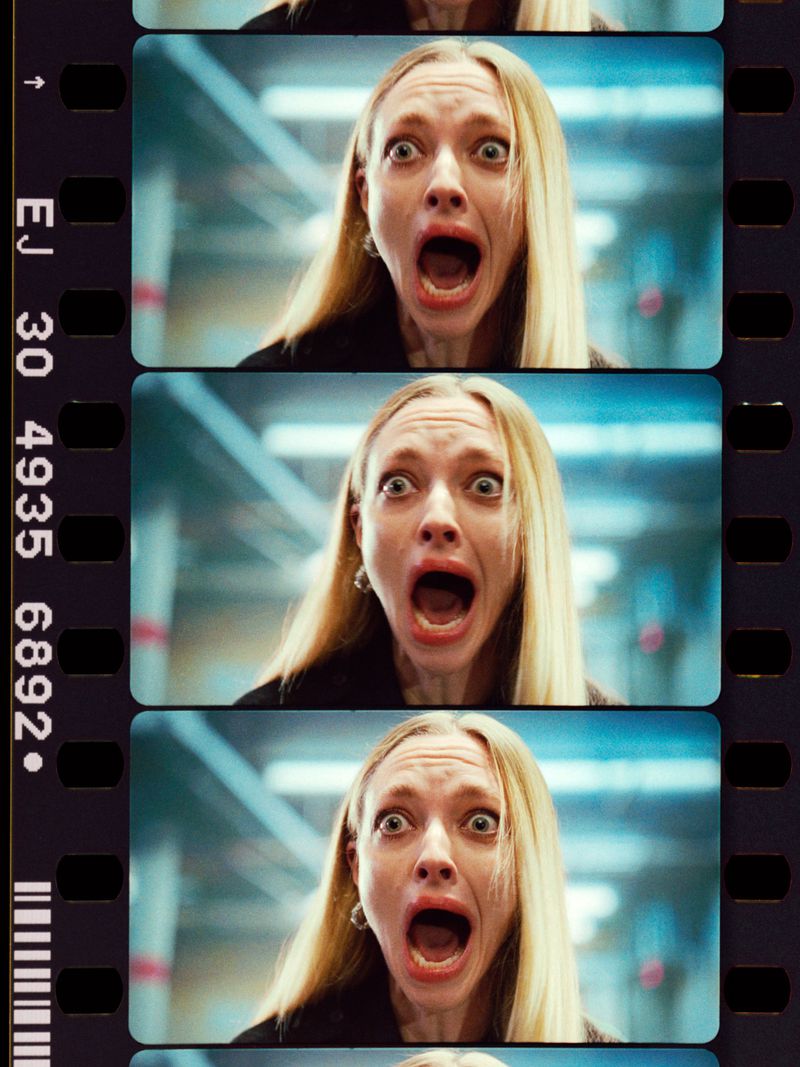 Close-up film strip of an adult woman with long blonde hair, making a scared facial expression while screaming with her mouth wide open.