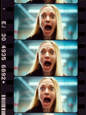 Close-up film strip of an adult woman with long blonde hair, making a scared facial expression while screaming with her mouth wide open.