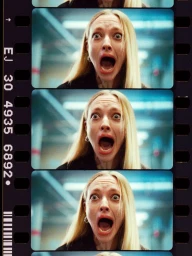Film strip showing three vertical frames of a blonde woman with wide eyes and open mouth in an interior setting