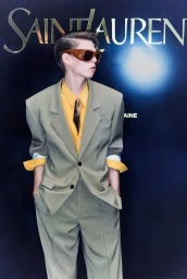 Model in oversized grey suit, yellow shirt, and brown sunglasses against a Saint Laurent backdrop