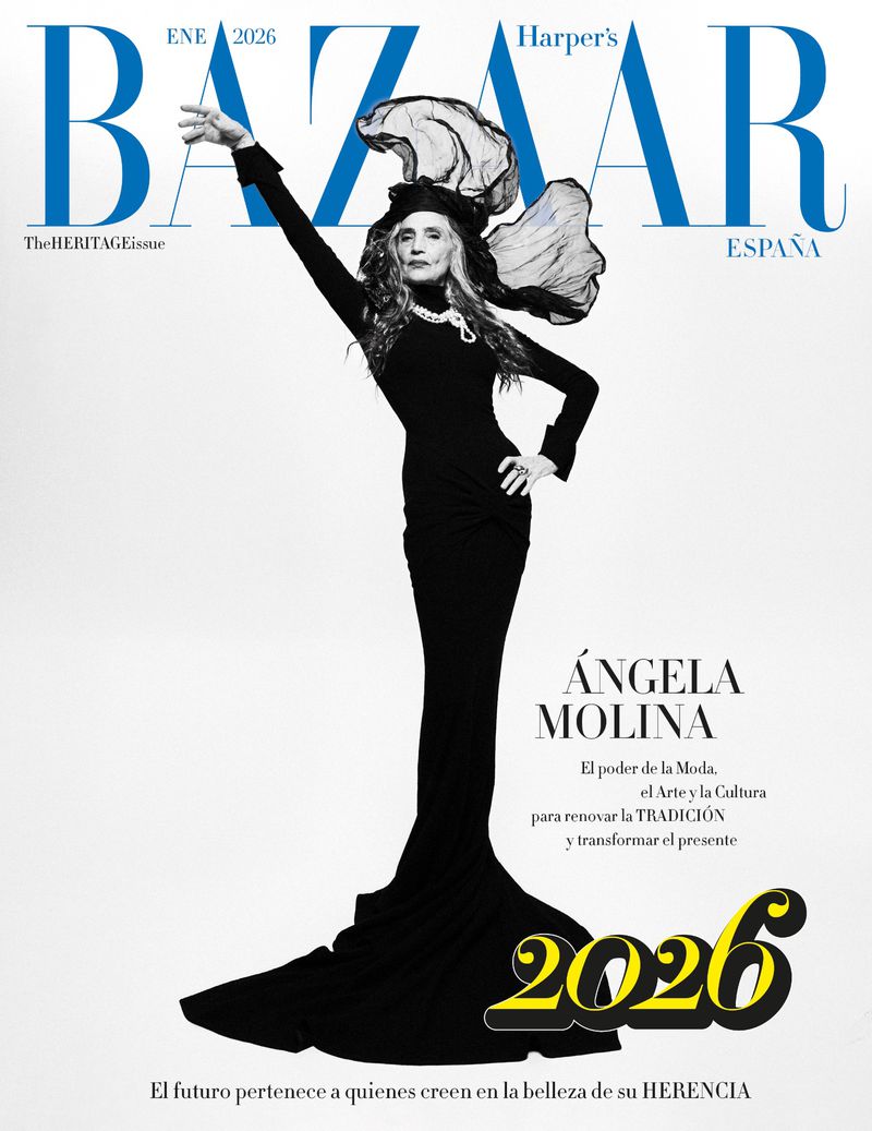 Ángela Molina featured on the cover of Harper's Bazaar España, January 2026 issue, posing in an elegant black gown and tulle headpiece.