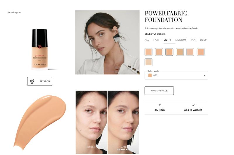 Giorgio Armani Power Fabric+ Foundation displayed with swatches, application examples on a woman, and a color selection palette.