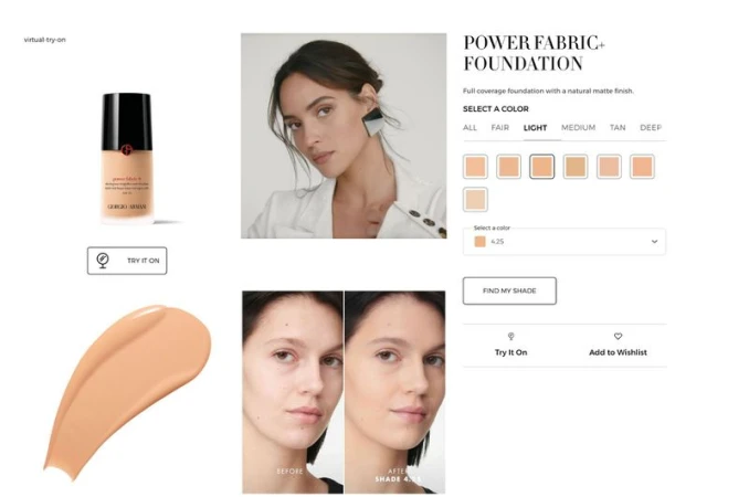 Armani Beauty Power Fabric+ Foundation e-commerce product page showing a model, foundation bottle, shade swatch, and before-and-after comparison.