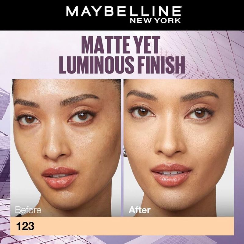 Beauty shot showcasing Maybelline New York foundation's matte yet luminous finish with before-and-after results on an adult woman's face.