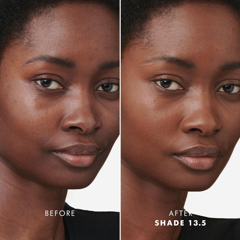 Close-up comparison of a woman's face before and after applying foundation, showcasing shade 13.5 and its skin tone evening effect.