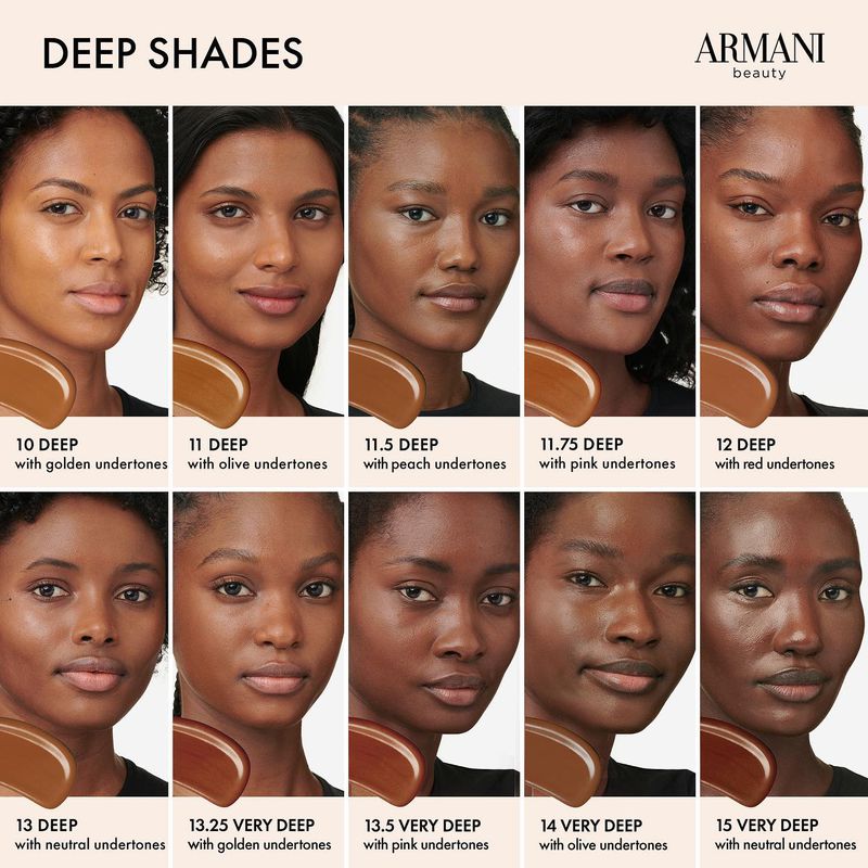 Armani Beauty ad features ten diverse women showcasing deep shade foundation with golden, olive, peach, pink, and neutral undertones.