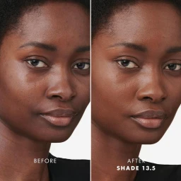 Before and after comparison of a Black woman model wearing Armani Beauty foundation against a plain white background.