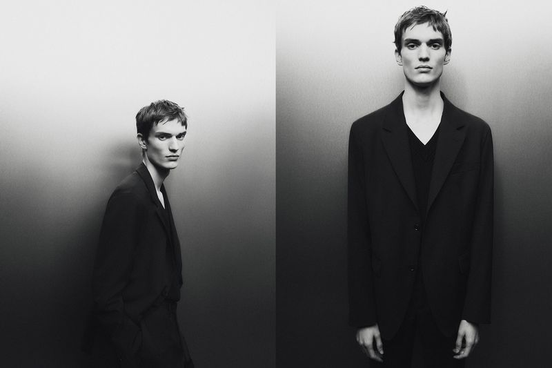 Monochrome portrait of a slim adult male wearing a dark suit in a stark studio, presented in a diptych format.