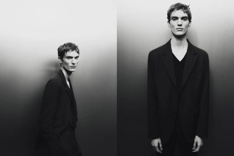 Monochrome portrait of a slim adult male wearing a dark suit in a stark studio, presented in a diptych format.