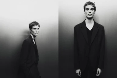 Monochrome diptych of a male model wearing a dark blazer and V-neck shirt against a plain studio background.