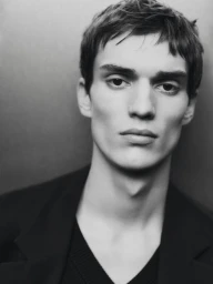Close-up monochrome portrait of a young male model with dark hair wearing a black jacket for Massimo Dutti