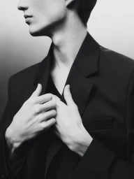 Close-up profile of a model wearing a dark tailored blazer against a minimalist neutral studio background.