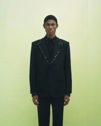 Model wearing a black embellished blazer and trousers against a pale green background for Dolce and Gabbana