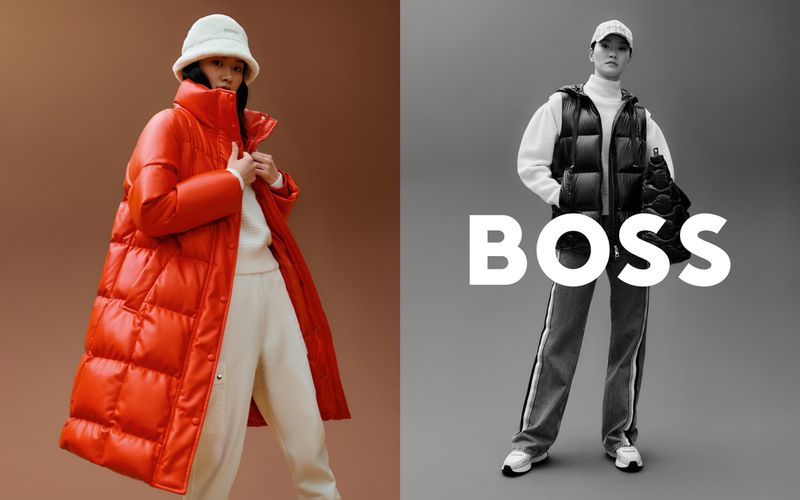 Fashion shot: A split image featuring a woman in a red puffer coat and bucket hat and a woman in a black vest with BOSS logo.