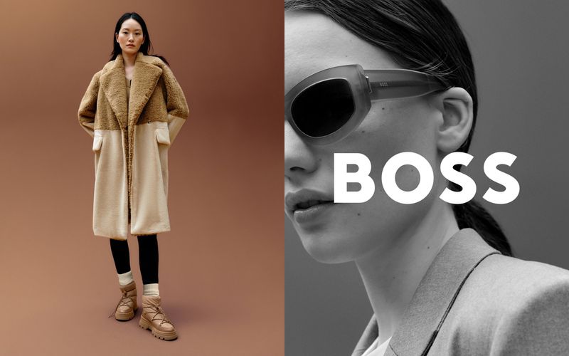 Fashion shot featuring an Asian woman in a two-tone fleece coat and lug sole boots on a brown background, plus a model in sunglasses.