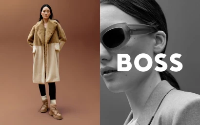 Diptyque layout featuring an East Asian model in a two-tone teddy coat and a close-up portrait wearing sunglasses with BOSS text overlay.