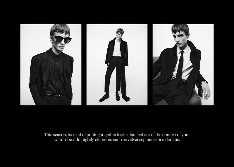 Black and white triptych: a young adult male poses in fashionable black suits against a bright backdrop, classic and sophisticated.