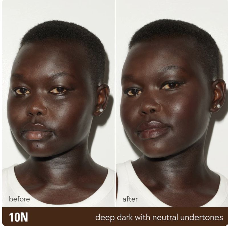 Close-up side-by-side beauty shot of a model with dark skin before and after makeup application against a white background.