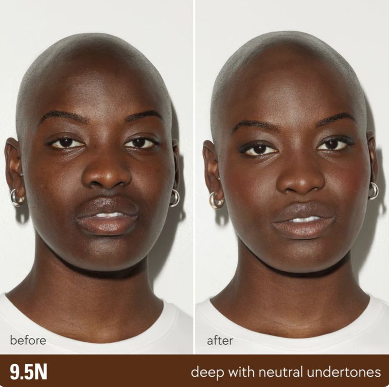 Before and after close-up of an African American woman's face showcasing a skin foundation product and its application.