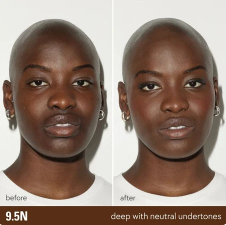 Before and after close-up of an African American woman's face showcasing a skin foundation product and its application.