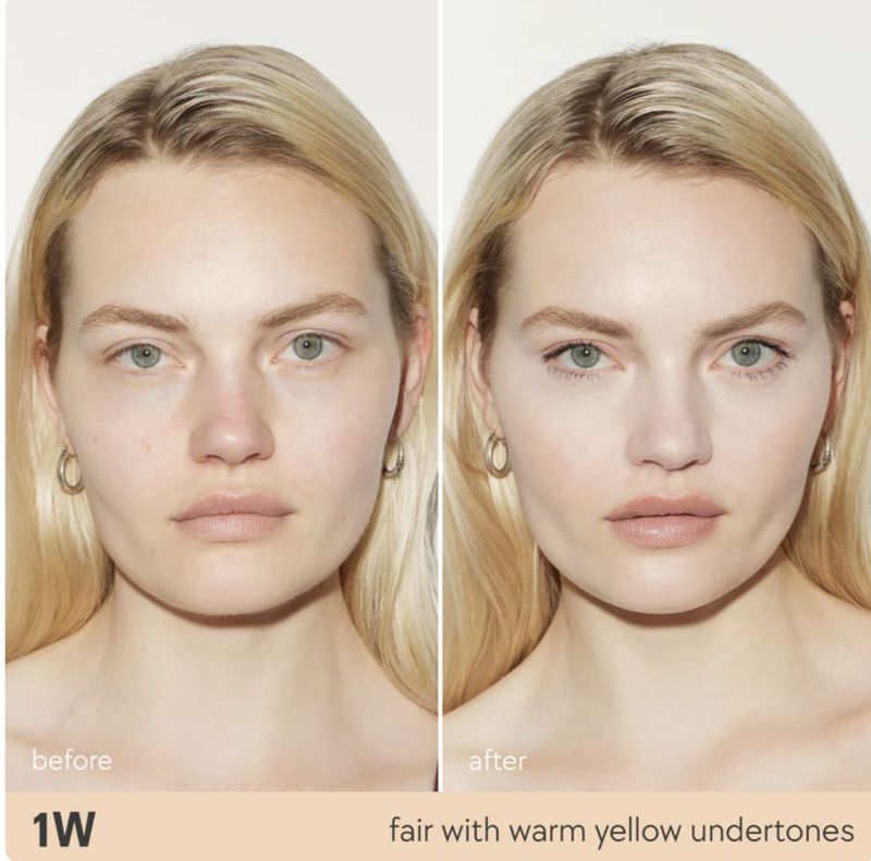 Before-and-after close-up of a fair-skinned adult female demonstrating the effect of a warm-toned foundation in an indoor setting.