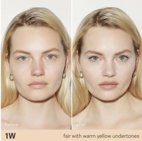 Before-and-after close-up of a fair-skinned adult female demonstrating the effect of a warm-toned foundation in an indoor setting.