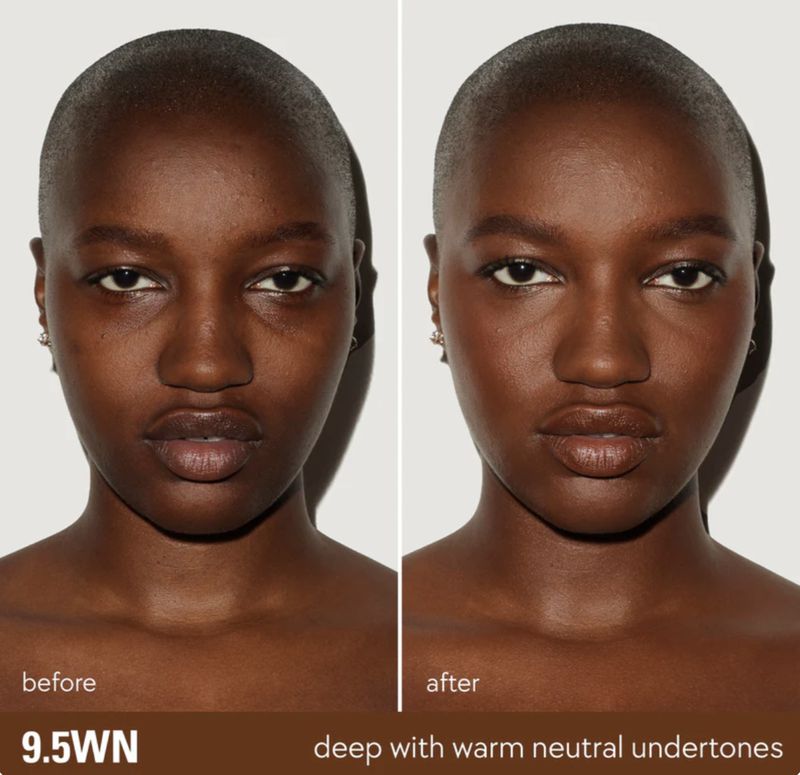 Before-and-after portrait of a dark-skinned woman showcasing skincare or makeup results against a white backdrop, highlighting the product's effect.