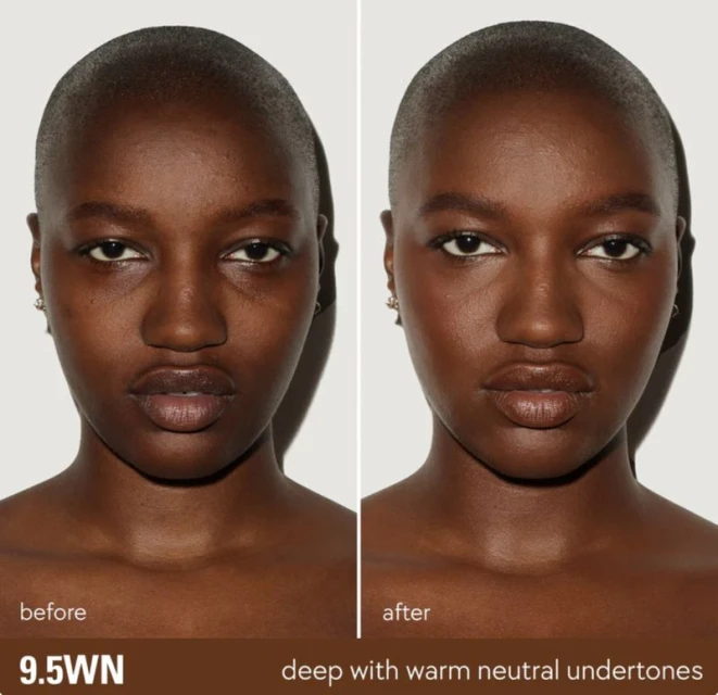 Before-and-after portrait of a dark-skinned woman showcasing skincare or makeup results against a white backdrop, highlighting the product's effect.