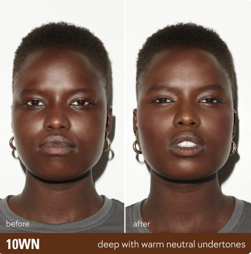 Cosmetic before-and-after featuring an adult female with dark skin in a close-up studio shot showing skin tone enhancement.