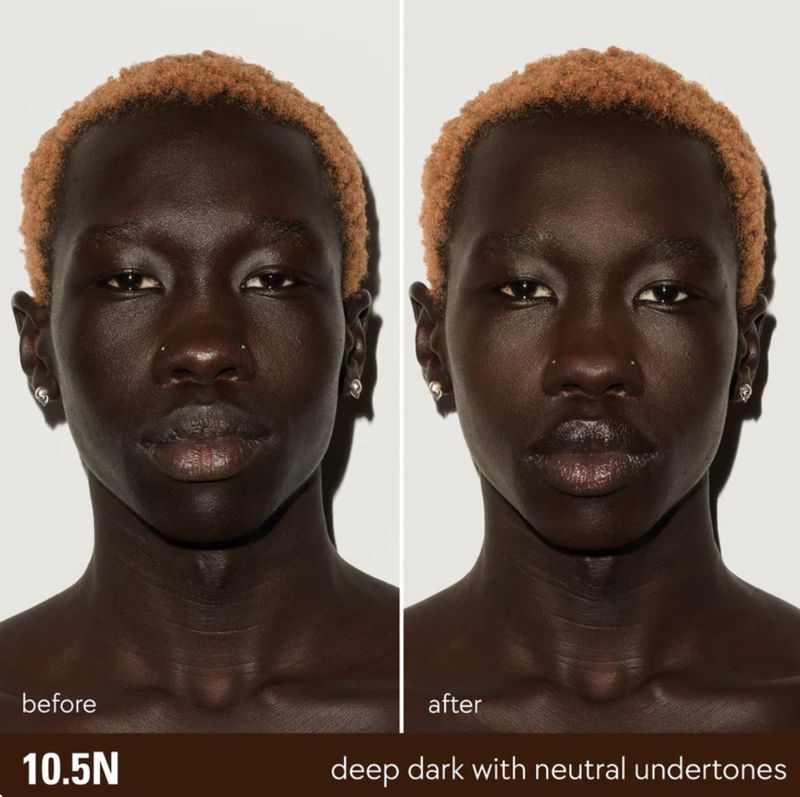 Close-up comparison of an adult woman's face before and after makeup application, showcasing deep skin tones and a beauty transformation.