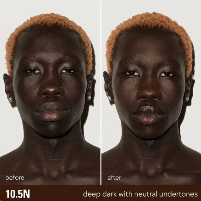 Close-up comparison of an adult woman's face before and after makeup application, showcasing deep skin tones and a beauty transformation.