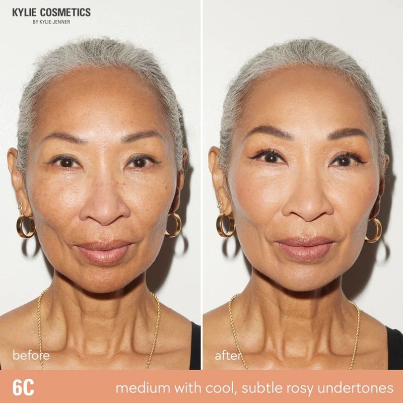 Before and after close-up of an elderly woman's face showing makeup transformation. Cosmetics are by Kylie Jenner.