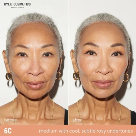 Before and after close-up of an elderly woman's face showing makeup transformation. Cosmetics are by Kylie Jenner.
