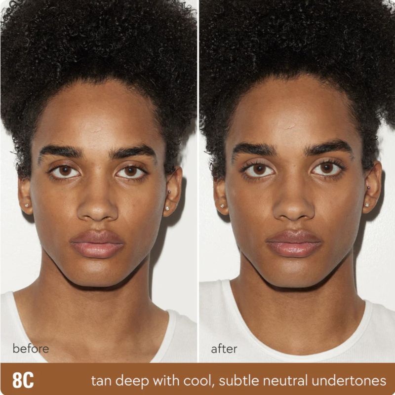 Before and after close-up of a person's face showing a tan deep skin tone with cool, subtle neutral undertones. Beauty concept.