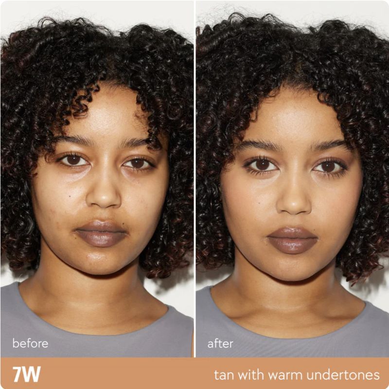 A split image showing a before-and-after makeup application on a woman with curly hair, highlighting the transformative effect of foundation.
