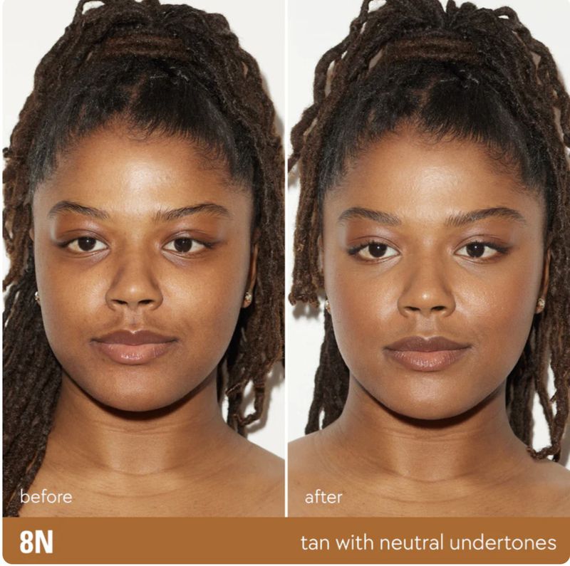 Split-screen portrait of an adult woman with tan skin and dreadlocks before and after make-up application, close-up shot.