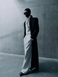 Model wearing dark sunglasses, black long coat, and white trousers standing against a textured grey concrete wall.