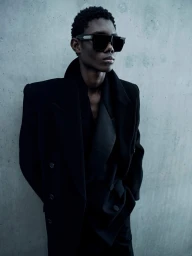 Model in black sunglasses and a heavy black coat standing against a concrete wall for Mr Porter Saint Laurent project.