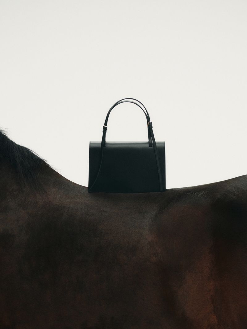 A black leather handbag with handles sits atop the back of a dark brown horse against a bright white, evenly lit background.