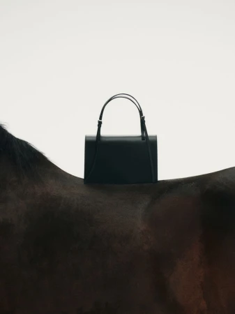 A black leather handbag with handles sits atop the back of a dark brown horse against a bright white, evenly lit background.