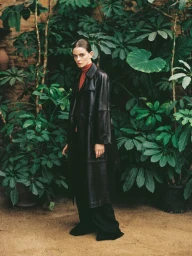 Model Merlijne Schorren in a dark leather coat standing against a dense green foliage background for Massimo Dutti