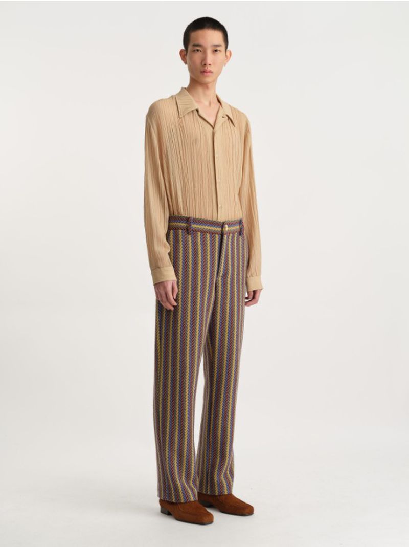 Full-shot of an adult male in a neutral-toned pleated shirt and patterned trousers with brown shoes on a plain white background.