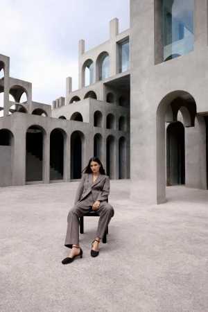 A woman in a gray suit sits on a black chair in front of an imposing architectural building with arches and open space.