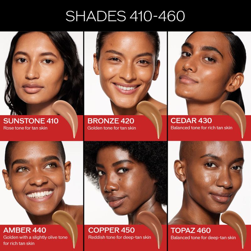 Cosmetics advertisement features six diverse women's portraits with varying skin tones, showcasing foundation shades 410 to 460.