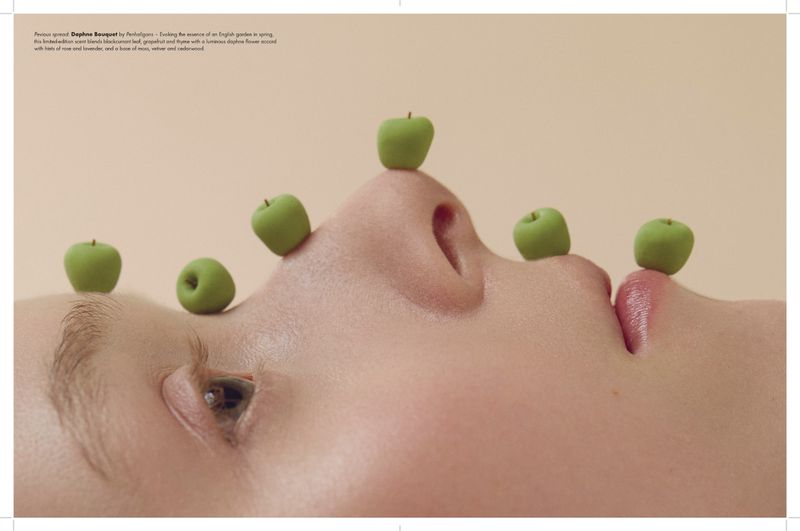 Close-up of a person's face with miniature green apples balancing on different facial features, presented on a beige background.